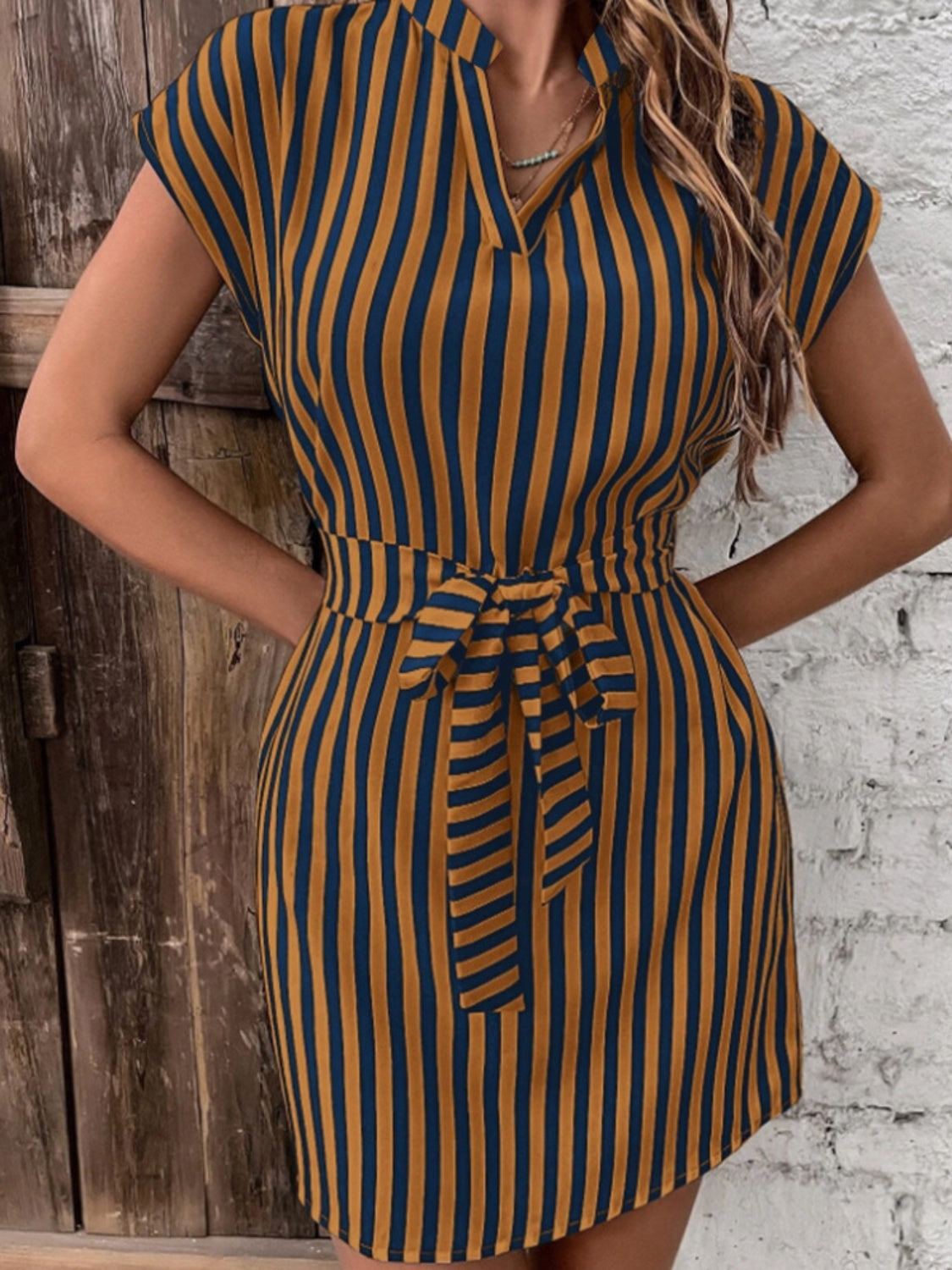 Tied Striped Cap Sleeve Mini Dress Caramel Mini Dresses JT's Designer Fashion