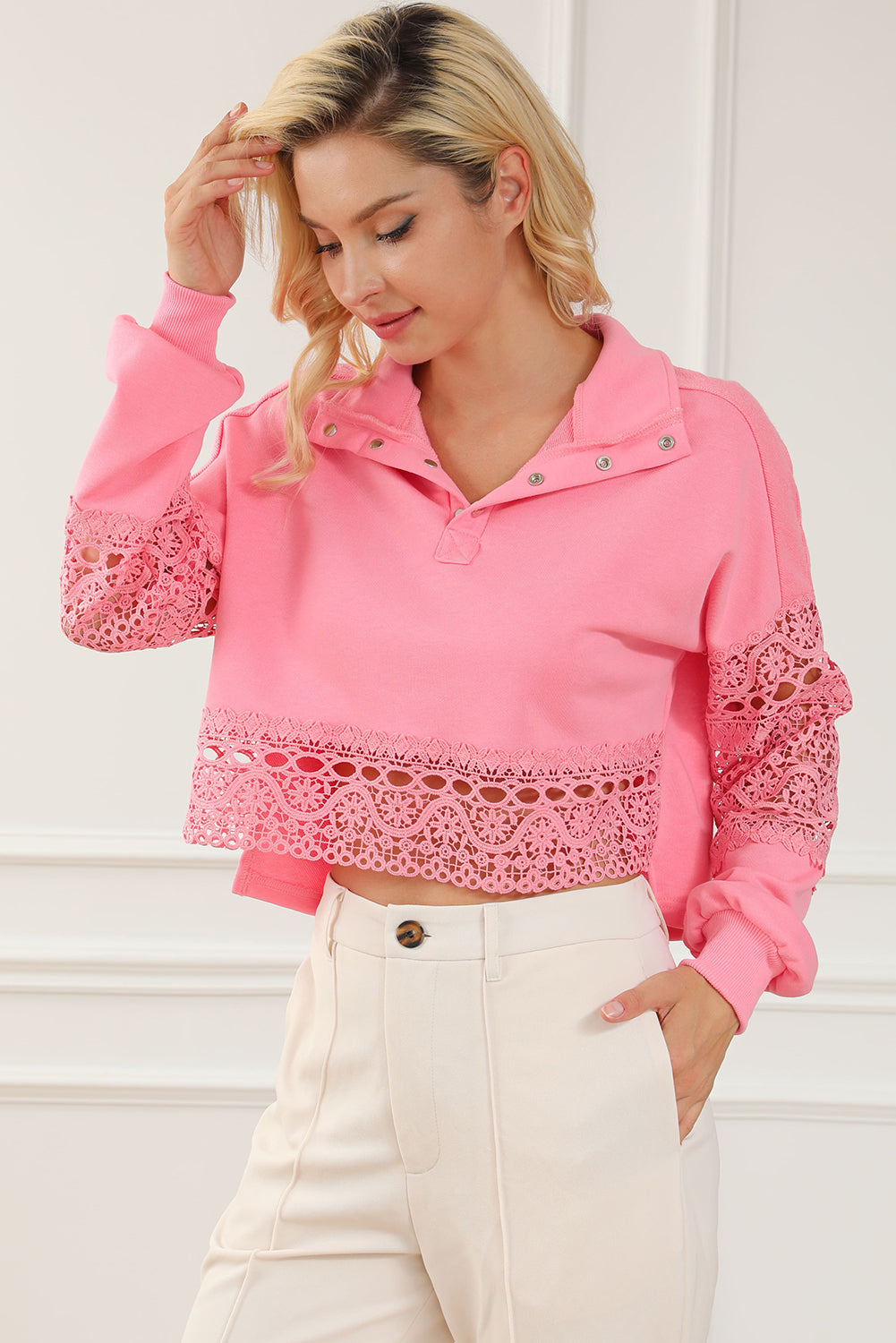 Pink Hollowed Lace Splicing Cropped Sweatshirt Sweatshirts & Hoodies JT's Designer Fashion