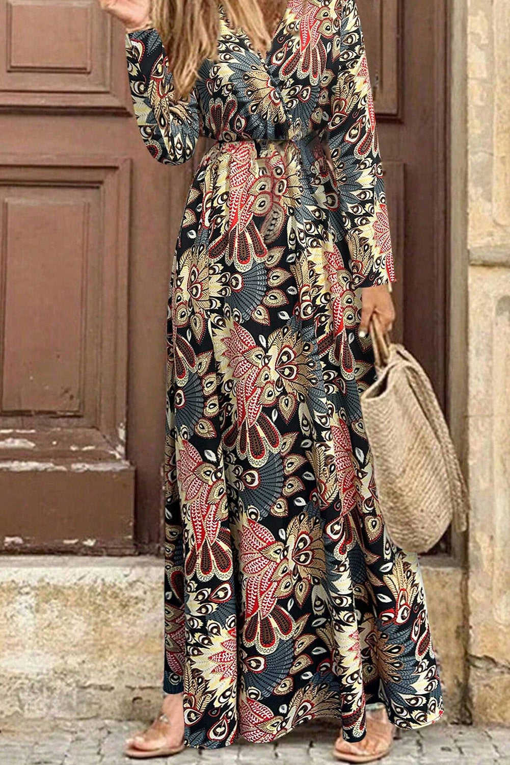 Black Floral Print V Neck Wrap High Waist Maxi Dress Maxi Dresses JT's Designer Fashion