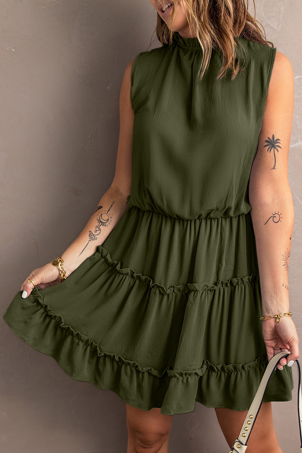 Green Sleeveless V Neck Ruffled Swing Mini Dress Mini Dresses JT's Designer Fashion