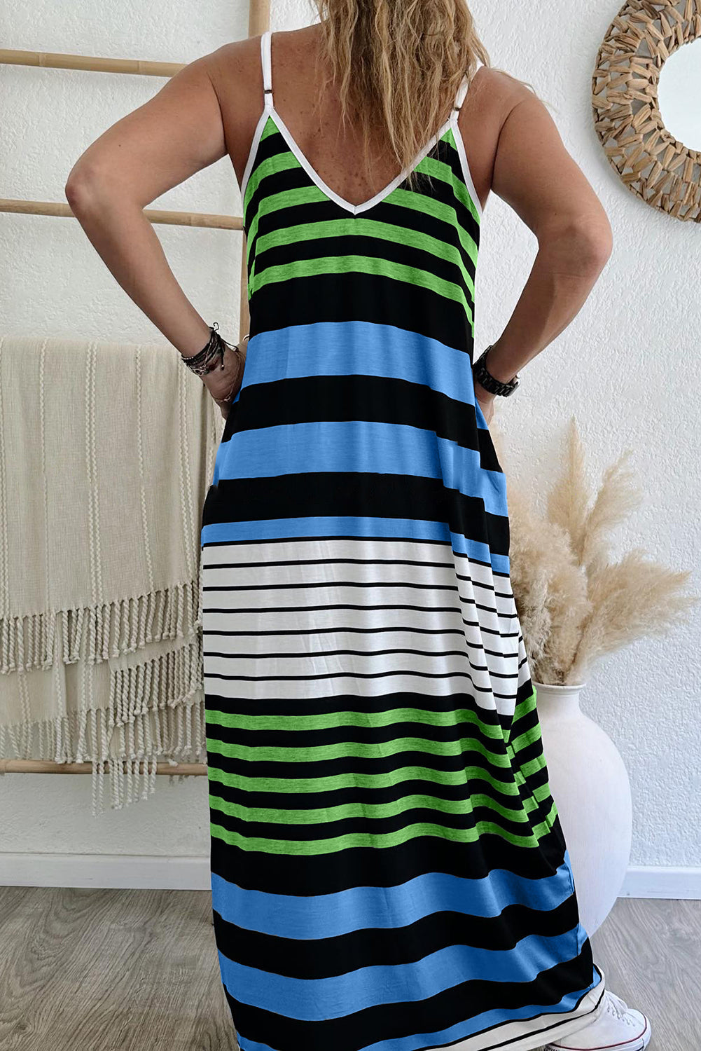 Sky Blue Stripe Mixed Stripes Spaghetti Straps V Neck Maxi Dress Pre Order Dresses JT's Designer Fashion