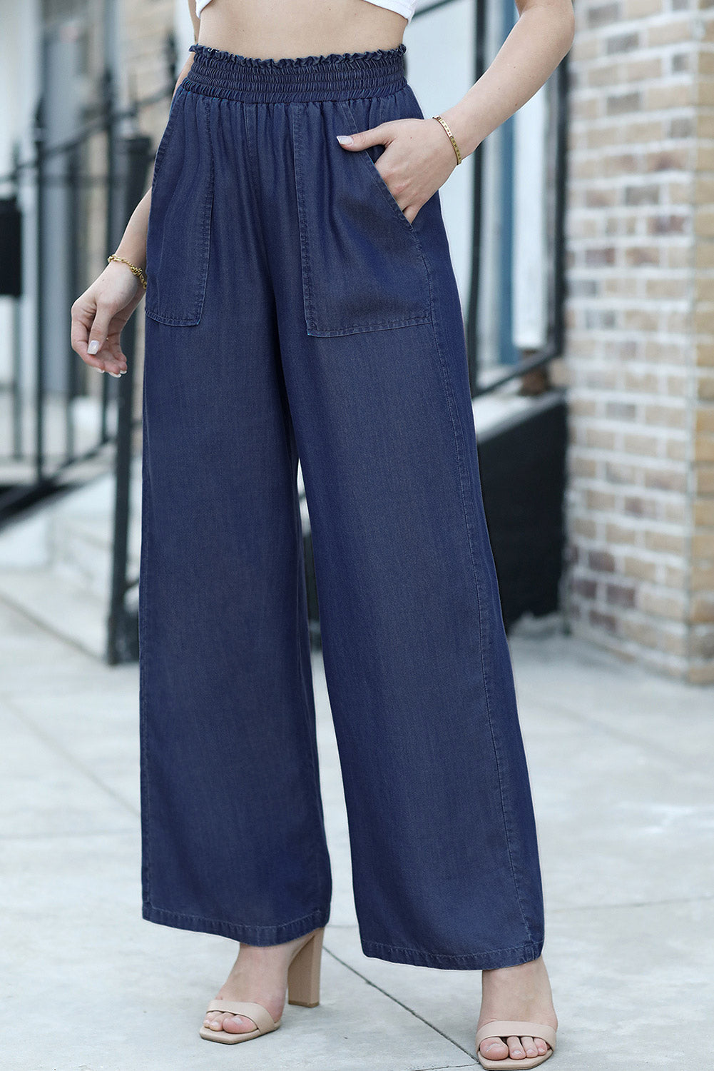 Sail Blue Side Pockets Frilled Smocked High Waist Wide Leg Jeans Jeans JT's Designer Fashion