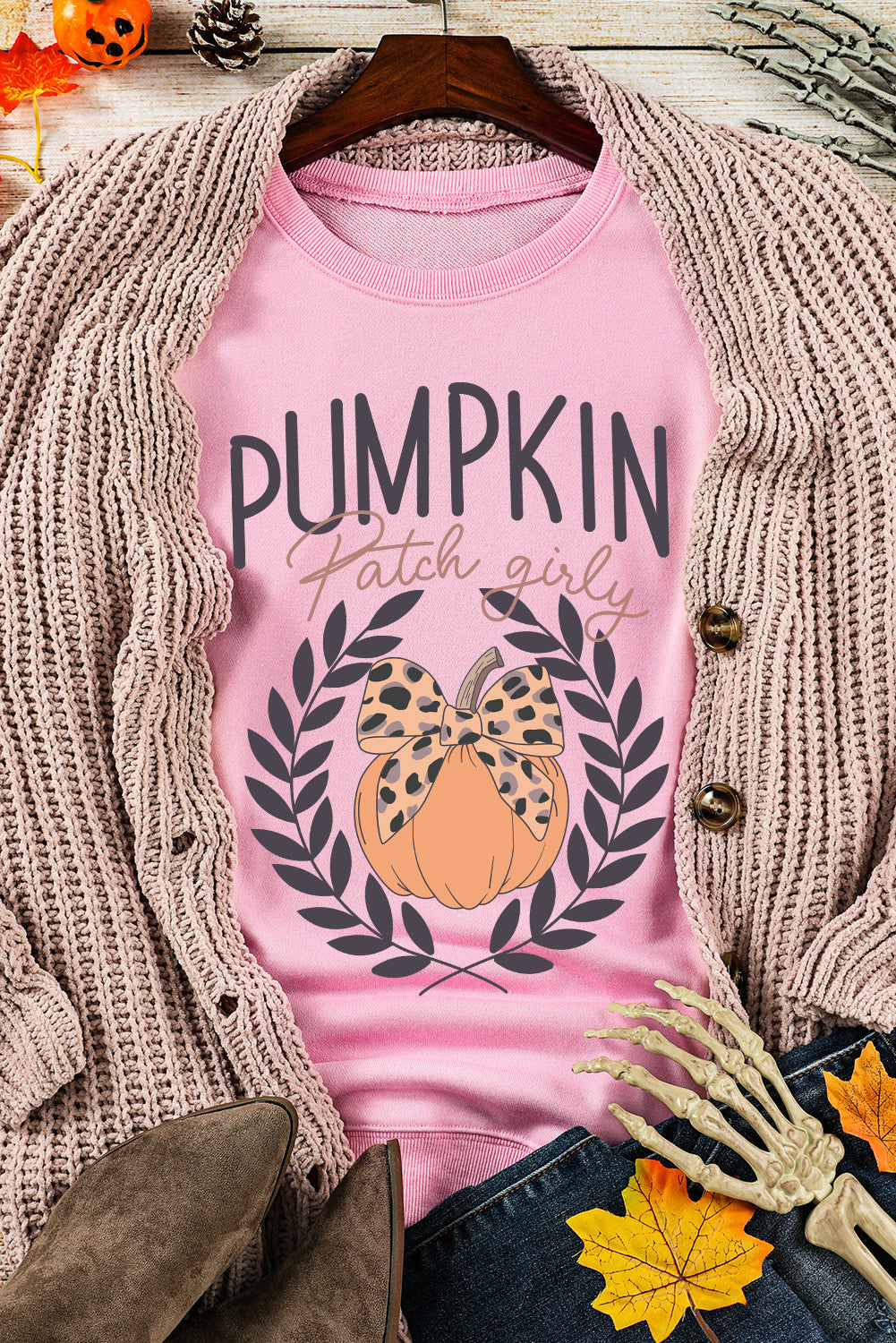 Pink Leopard Bowknot Pumpkin Graphic Halloween Sweatshirt Graphic Sweatshirts JT's Designer Fashion