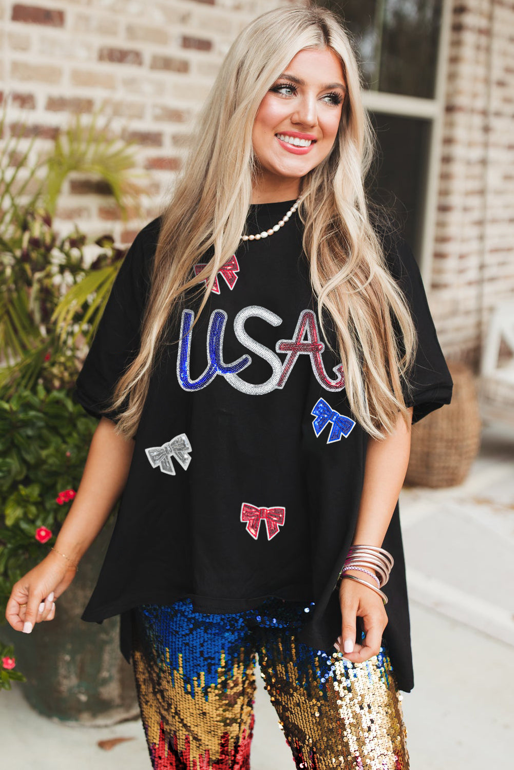 Black Sequin USA Bow Graphic Independence Day T Shirt Graphic Tees JT's Designer Fashion