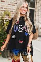 Black Sequin USA Bow Graphic Independence Day T Shirt Graphic Tees JT's Designer Fashion
