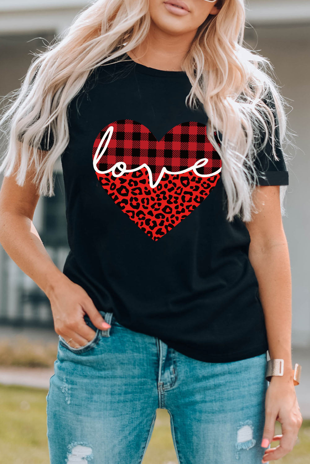 Black Love Leopard Plaid Heart Shaped Crewneck T Shirt Graphic Tees JT's Designer Fashion