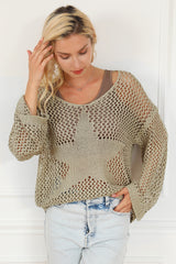 Light French Beige Star Pointelle Knit Baggy Sweater Sweaters & Cardigans JT's Designer Fashion