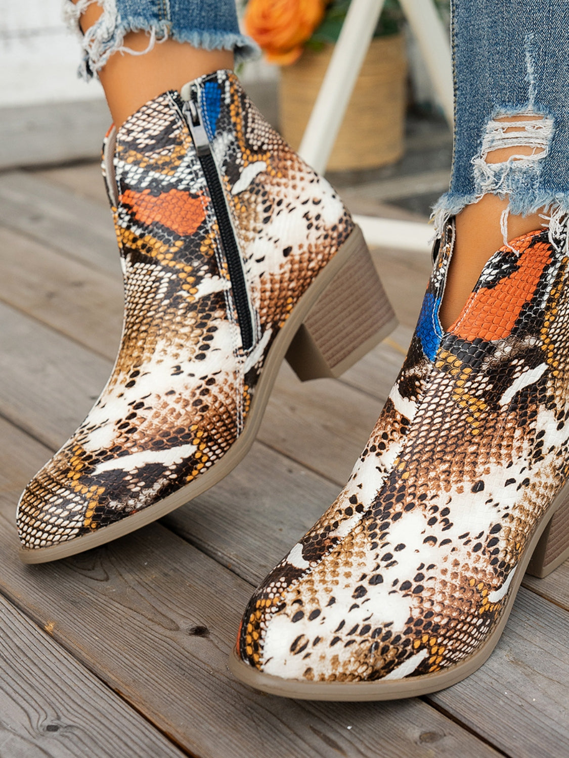 Printed Block Heel Boots with Side Zip Snakeskin Boots JT's Designer Fashion