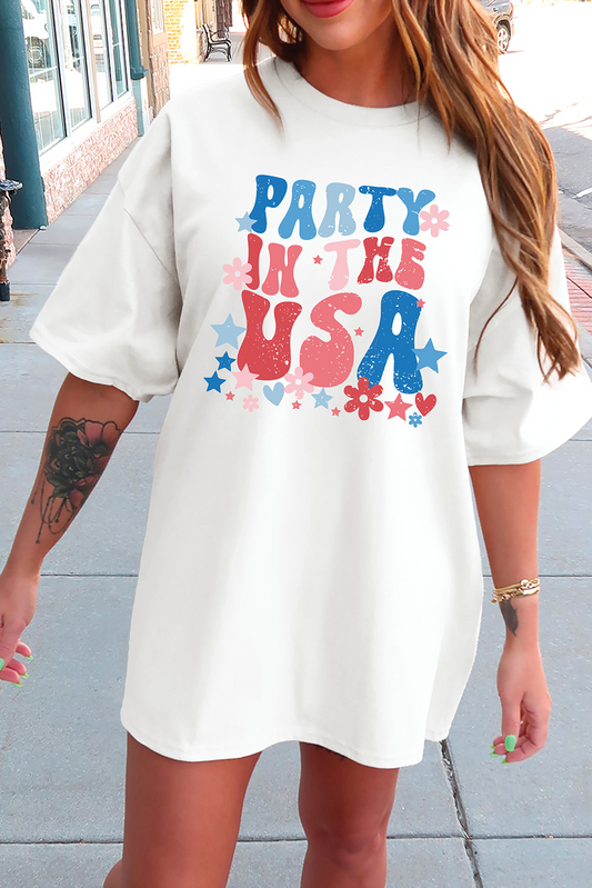 White PARTY IN THE USA Graphic Oversized Tee Graphic Tees JT's Designer Fashion