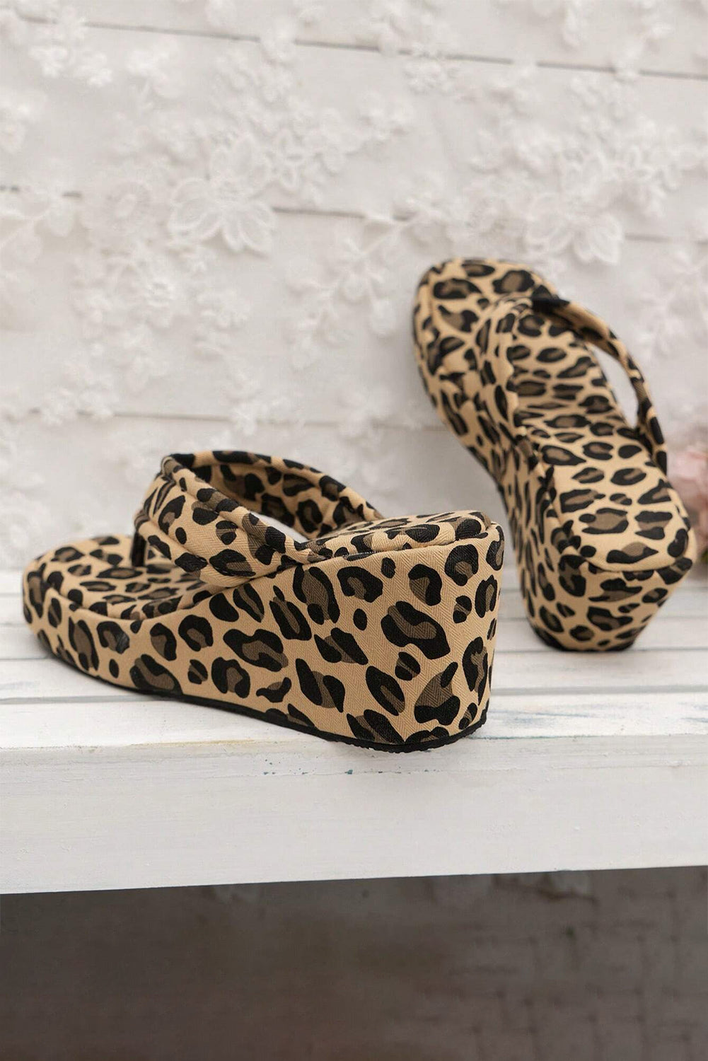 Light French Beige Leopard Platform Wedge Flip Flops Slippers JT's Designer Fashion