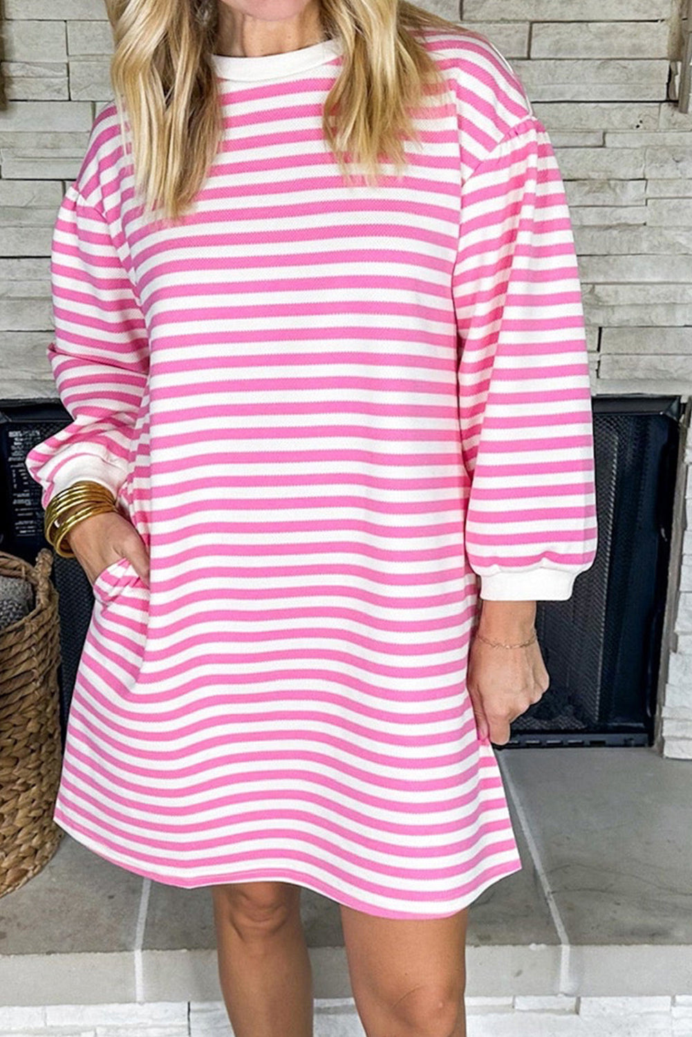 Pink Stripe Round Neck Puff Sleeve Pocketed Shift Dress Mini Dresses JT's Designer Fashion