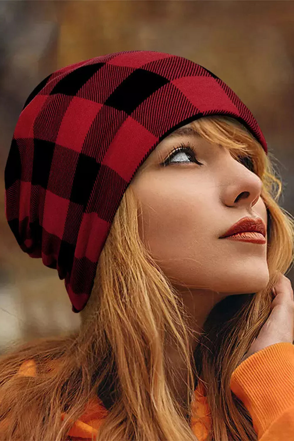 Red Plaid Print Slouch Beanie Hats & Caps JT's Designer Fashion