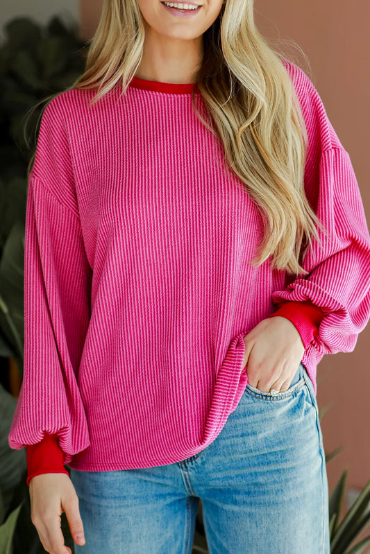 Bright Pink Corded Contrast Edge Drop Shoulder Long Sleeve Top Long Sleeve Tops JT's Designer Fashion