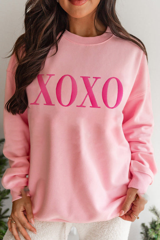 Pink XOXO Puff Print Drop Shoulder Pullover Sweatshirt Pink 70%Polyester+30%Cotton Graphic Sweatshirts JT's Designer Fashion