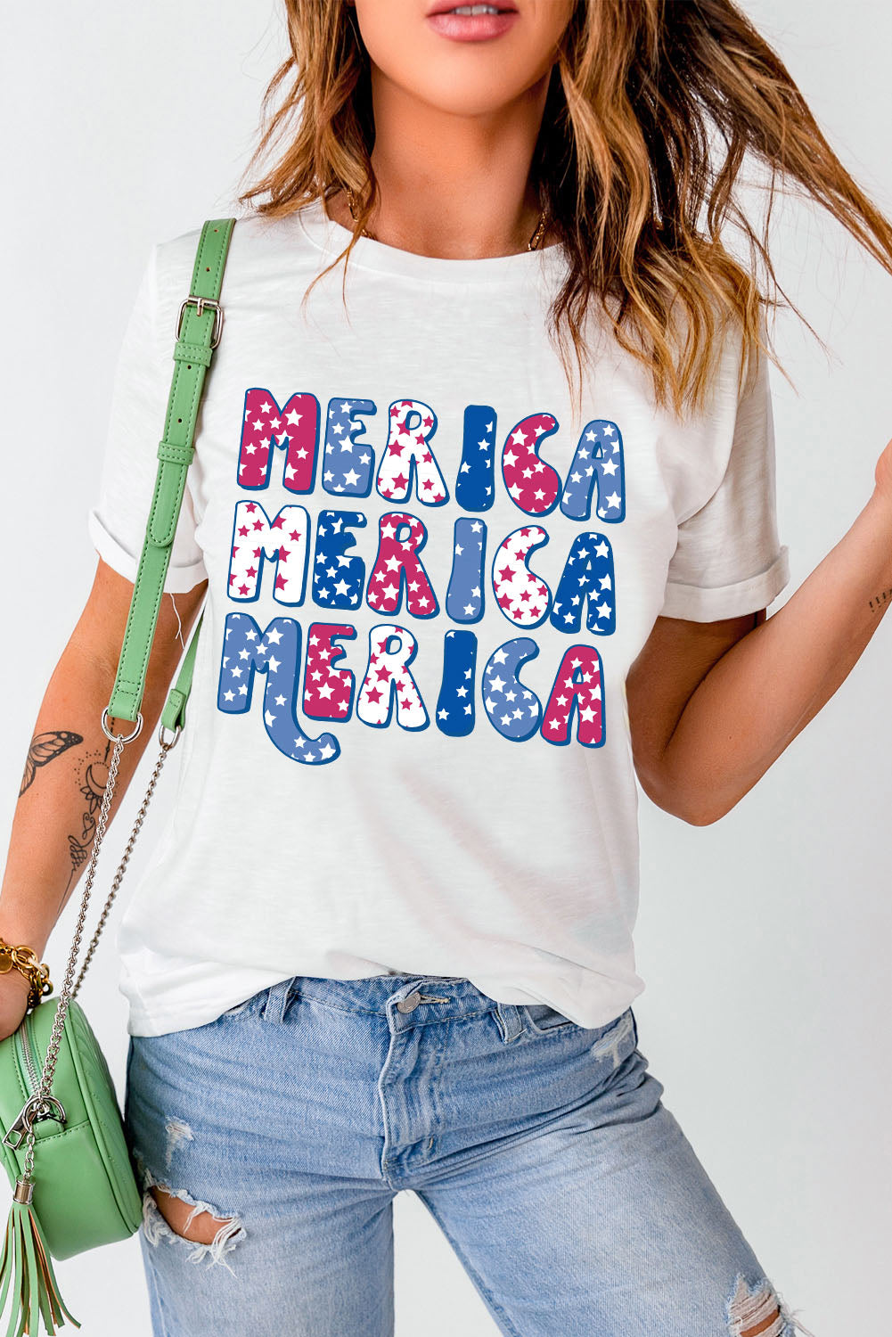 White MERICA Graphic Crew Neck Tee Graphic Tees JT's Designer Fashion