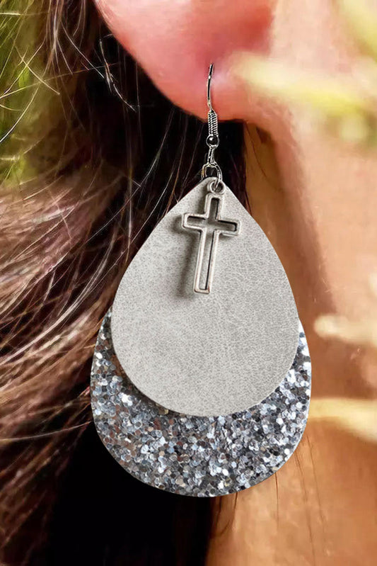 Silver Sequin Cross Multi-layered Drop Earrings Jewelry JT's Designer Fashion