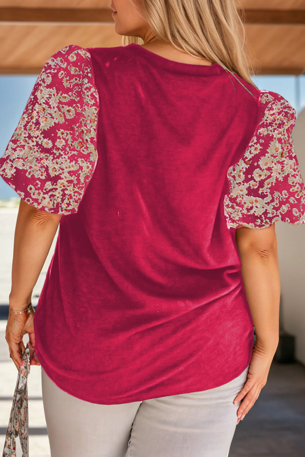 Rose Red Daisy Printed Short Bubble Sleeve Plus Size Tunic Top Plus Size JT's Designer Fashion