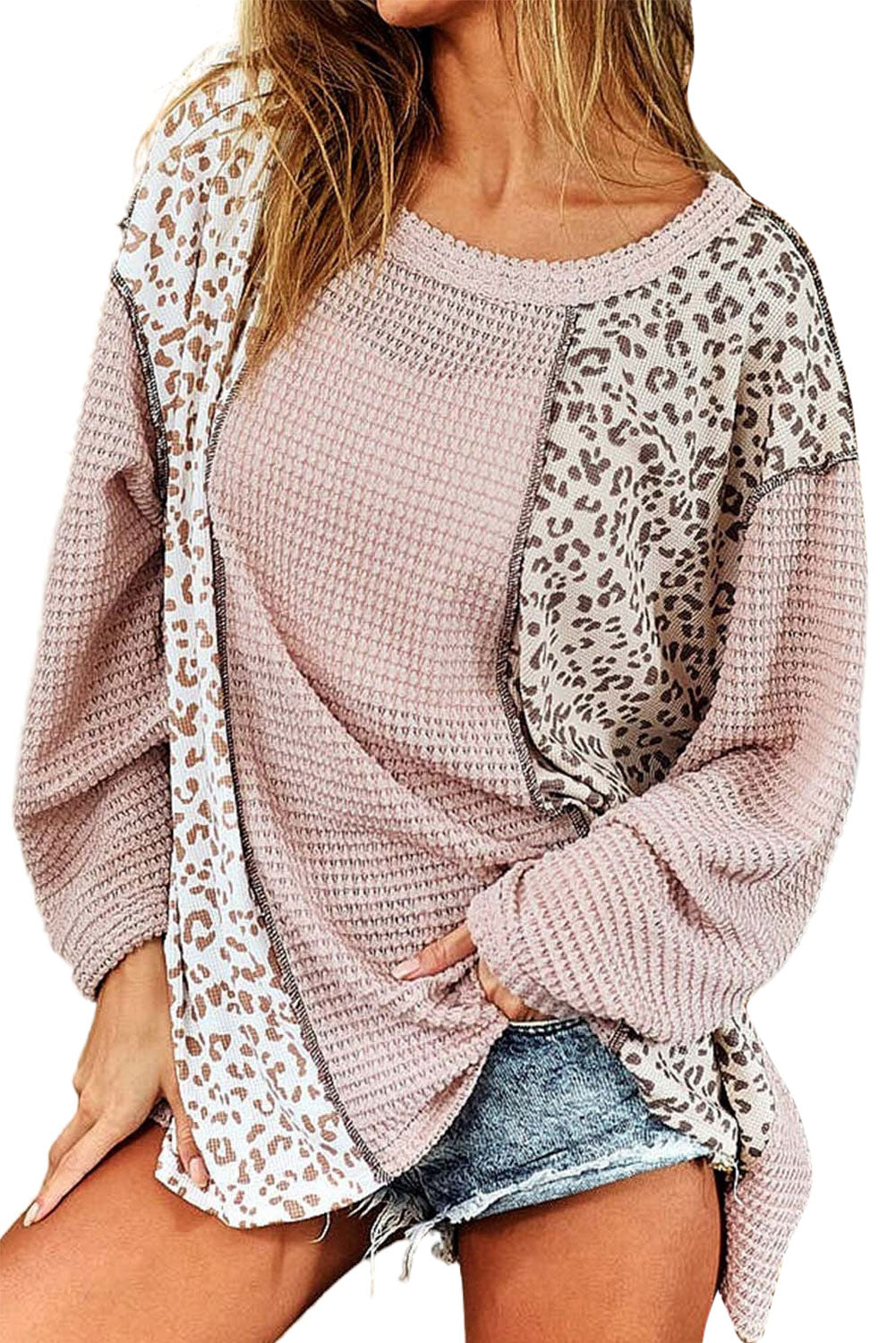 Pink Leopard Print Patch Textured Long Sleeve Top Long Sleeve Tops JT's Designer Fashion