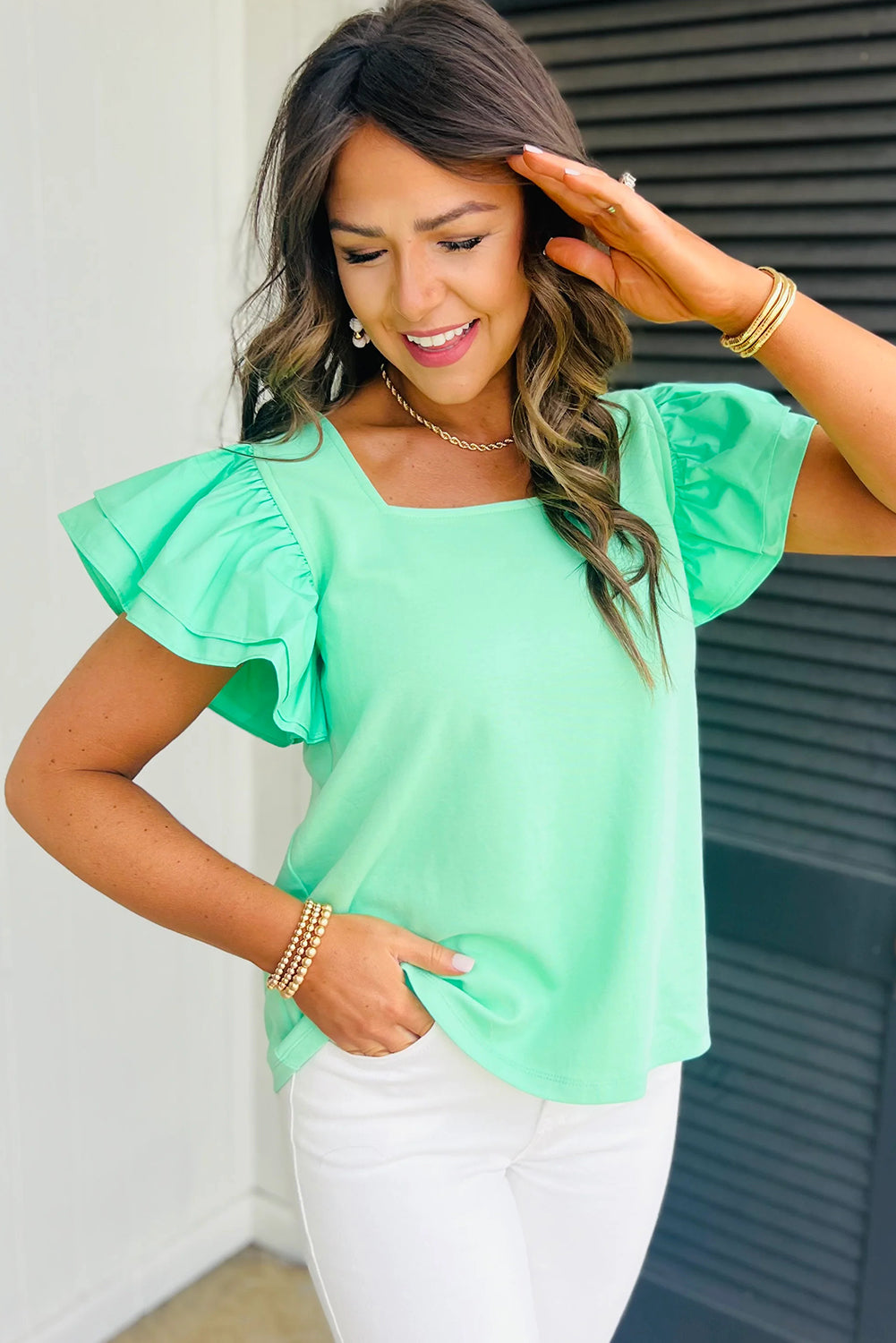 Mint Green Ruffled Patchwork Flutter Sleeve Square Neck Top Tops & Tees JT's Designer Fashion