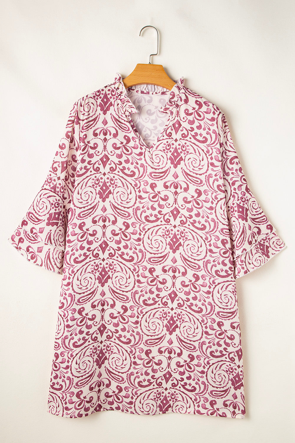 Pink Paisley Print Tiered 3/4 Sleeve Notched Neck Mini Dress Mini Dresses JT's Designer Fashion