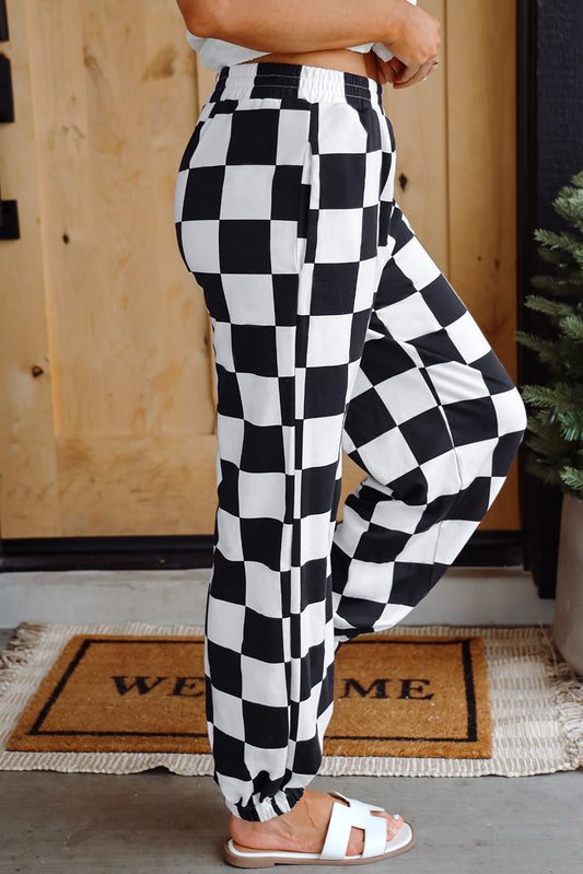 Black Checkerboard Elastic Waist Pocketed Joggers Pants & Culotte JT's Designer Fashion