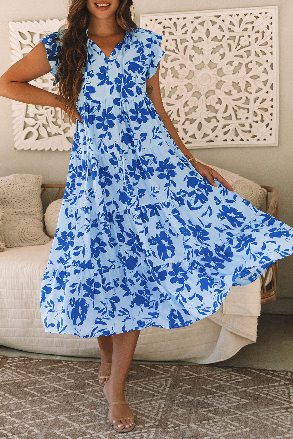 Sky Blue Floral Print Tiered Frilled Trim Flutter Sleeve Maxi Dress Floral Dresses JT's Designer Fashion