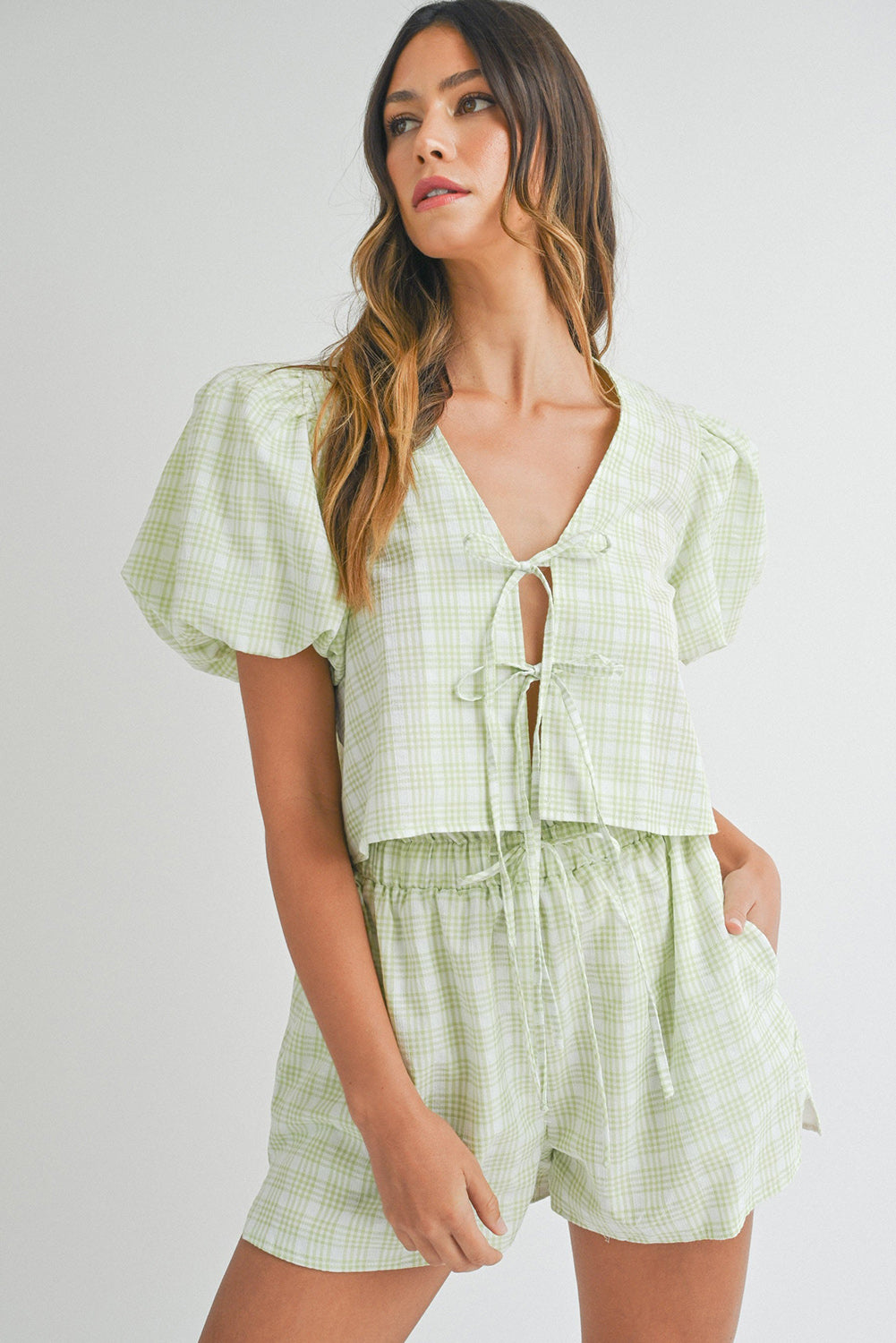 Green Plaid Tie Closure Puff Sleeve Relaxed Shorts Set Bottoms JT's Designer Fashion