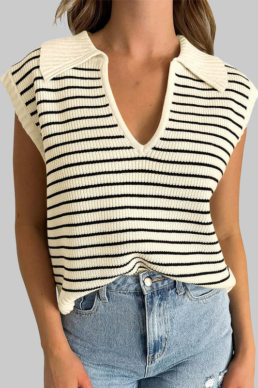 Striped Collared Neck Tank Ivory Tank Tops JT's Designer Fashion