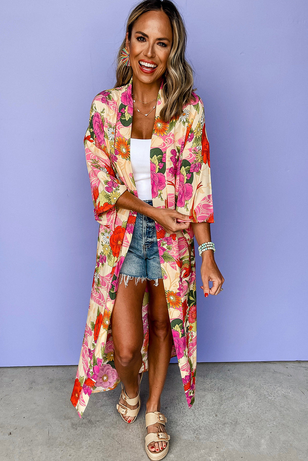 Pink Floral Allover Print Open Front Belted Duster Kimono Kimonos JT's Designer Fashion