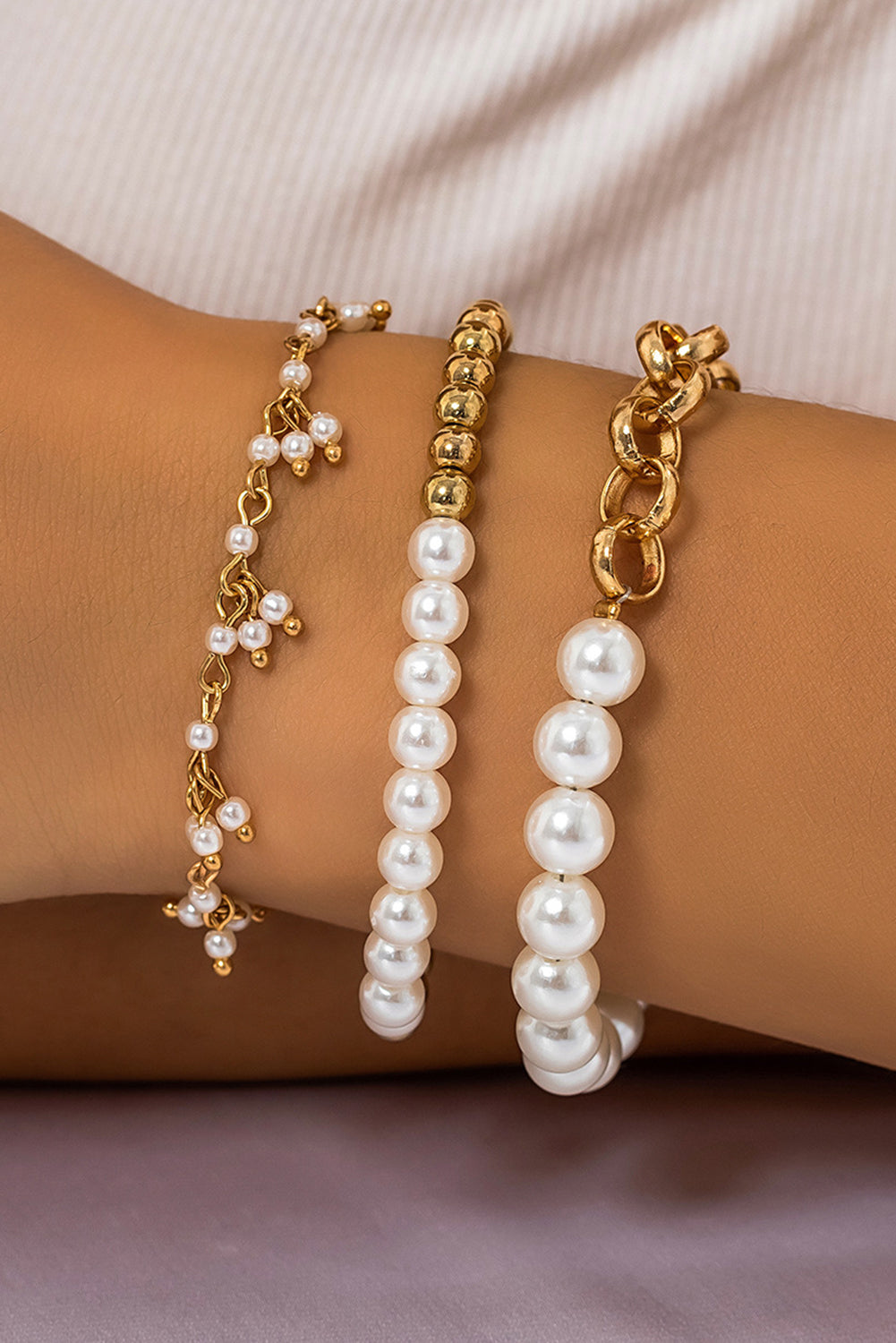 Gold 3pcs Pearl Plated Alloy Beaded Bracelet Set Jewelry JT's Designer Fashion