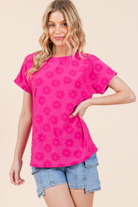 BOMBOM Textured Floral Pattern Short Sleeve T-Shirt Fuchsia Blouses & Shirts JT's Designer Fashion