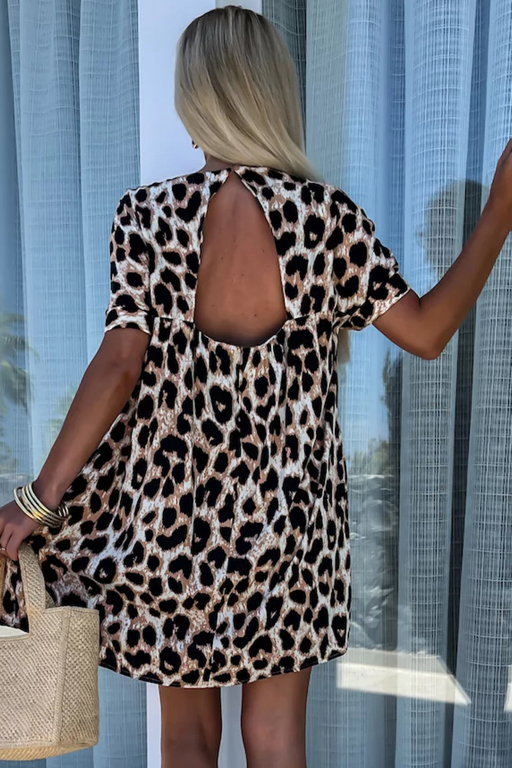 Khaki Cheetah Print Backless V Neck Loose Fit Mini Dress Mini Dresses JT's Designer Fashion