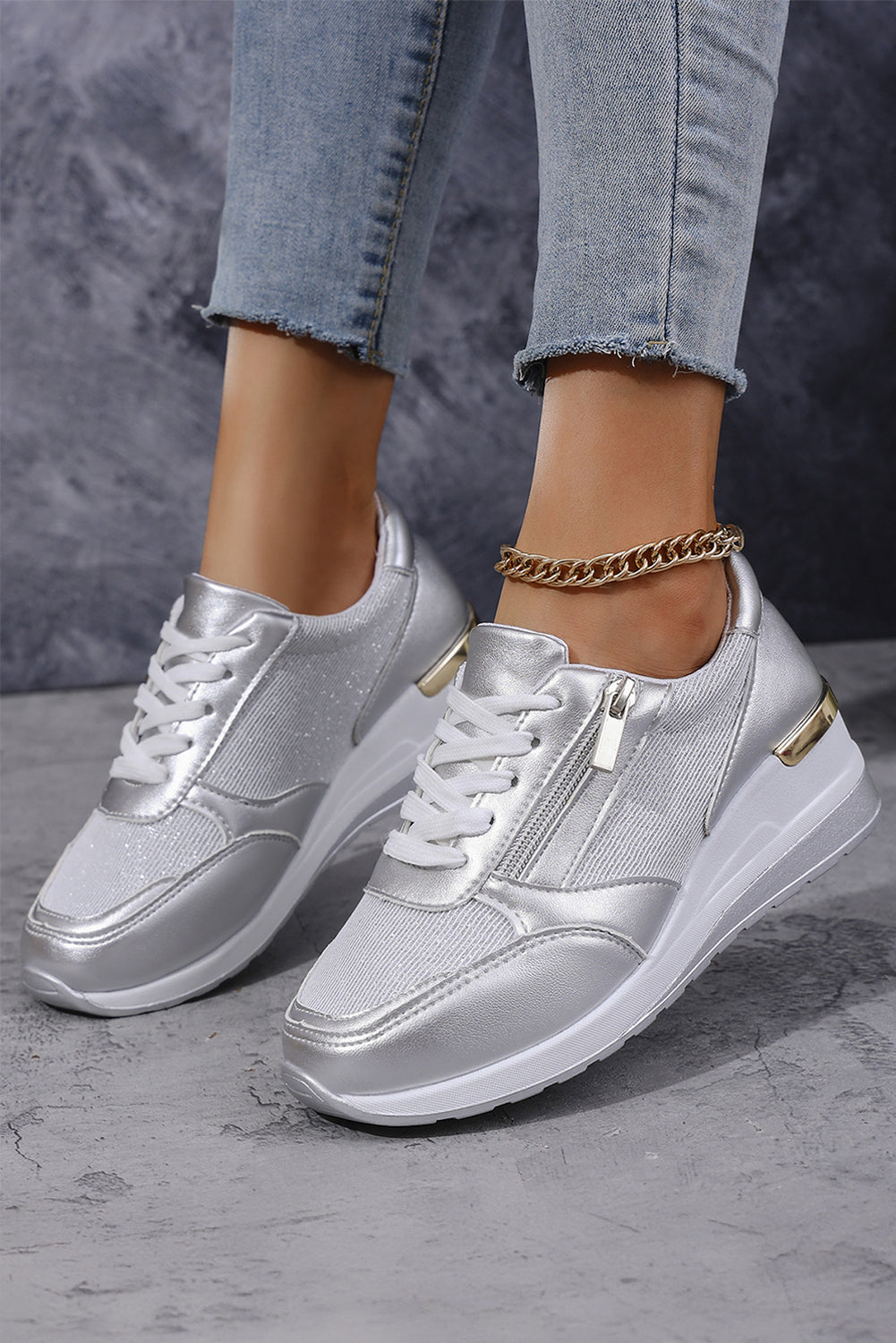 Silvery Leather Patchwork Zipper Lace-up Sneakers Women's Shoes JT's Designer Fashion