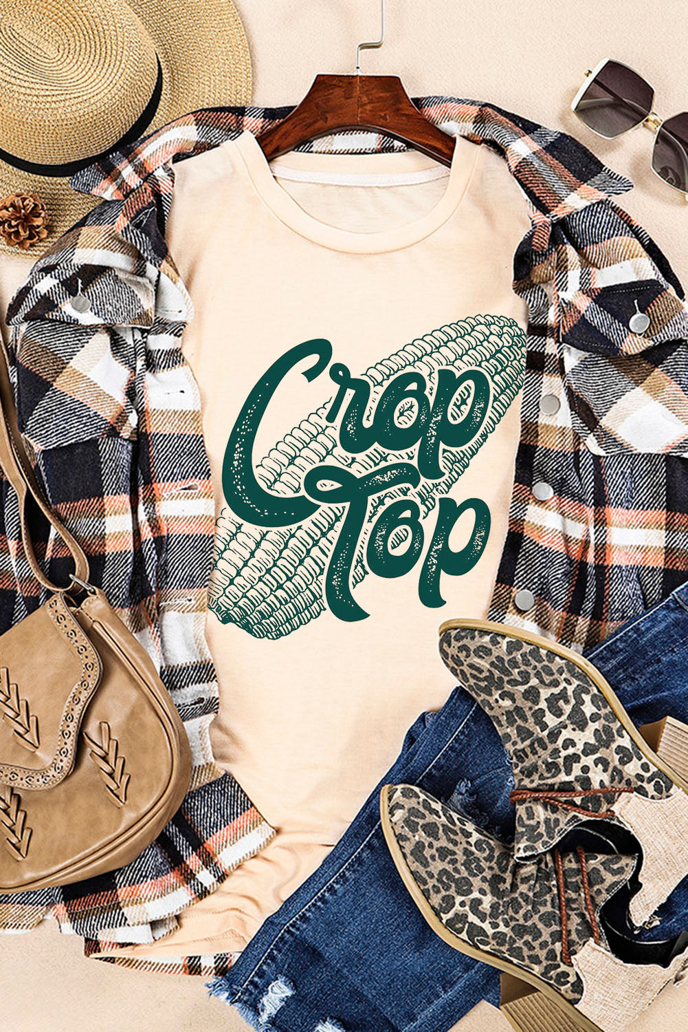 Khaki Corn Crop Top Graphic Tee Graphic Tees JT's Designer Fashion