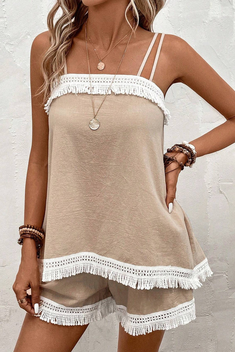 Pale Khaki Fringe Crochet Double Strap Tank Top and Shorts Set Short Sets JT's Designer Fashion