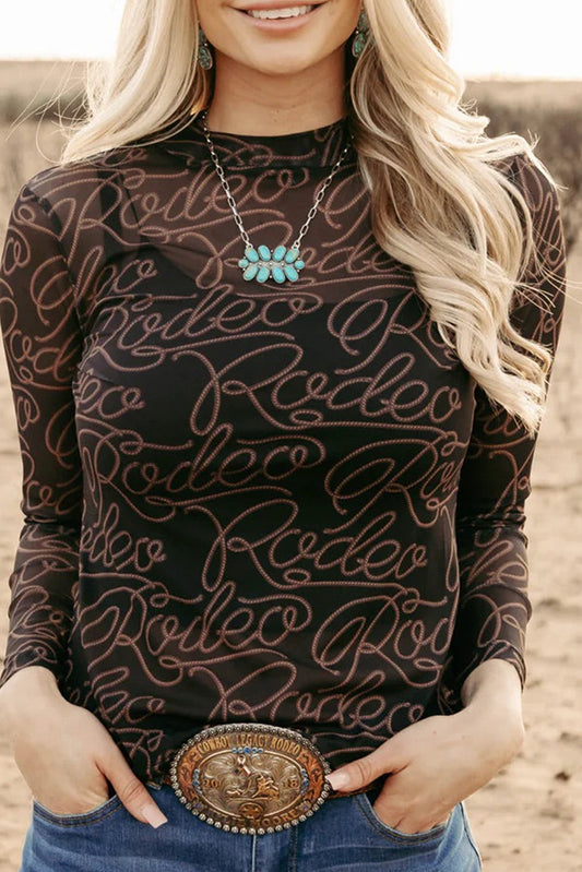 Black Western Rodeo Printed Mock Neck Long Sleeve Mesh Top Long Sleeve Tops JT's Designer Fashion