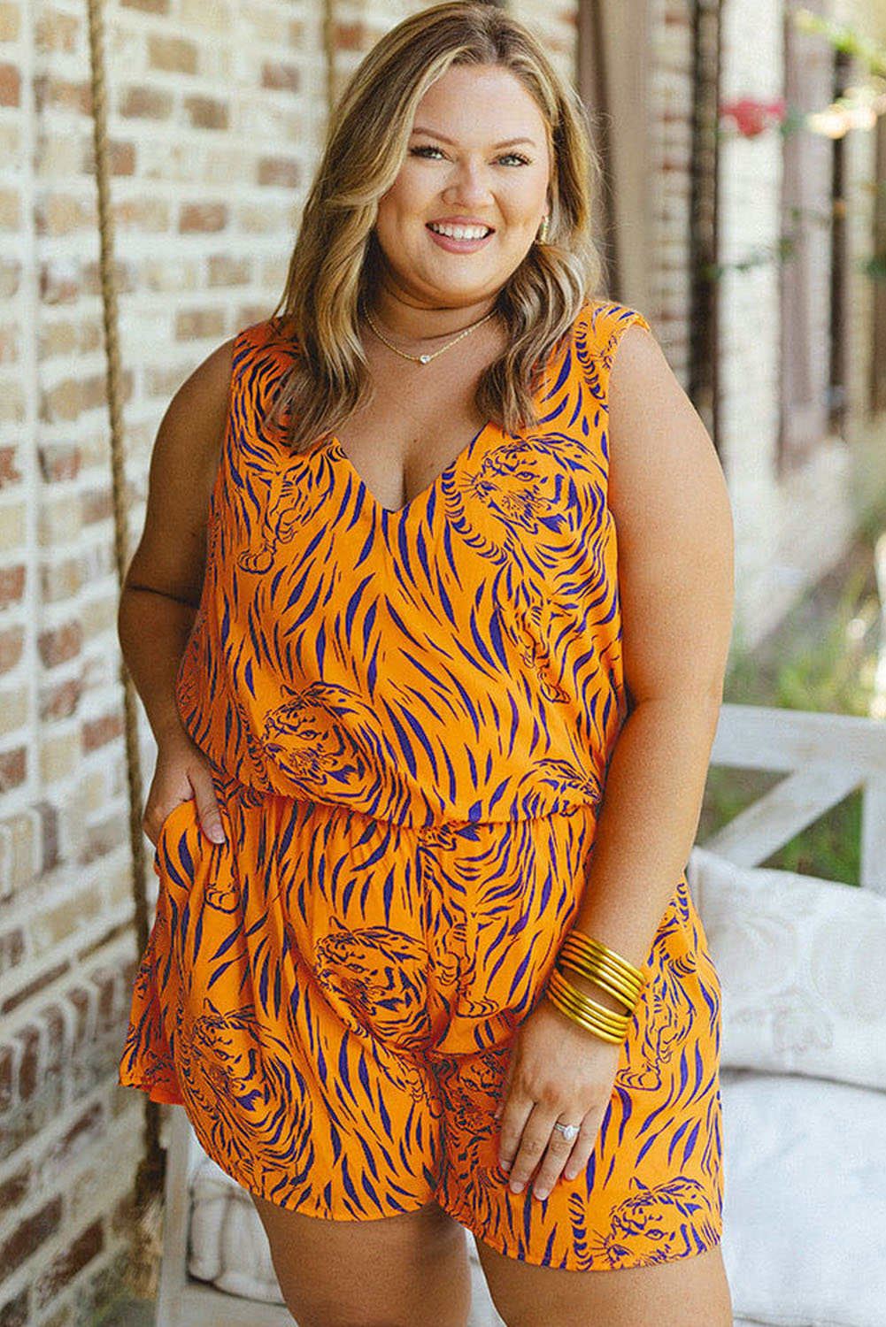 Yellow Plus Size Tiger Print Sleeveless V Neck Romper Plus Size Bottoms JT's Designer Fashion