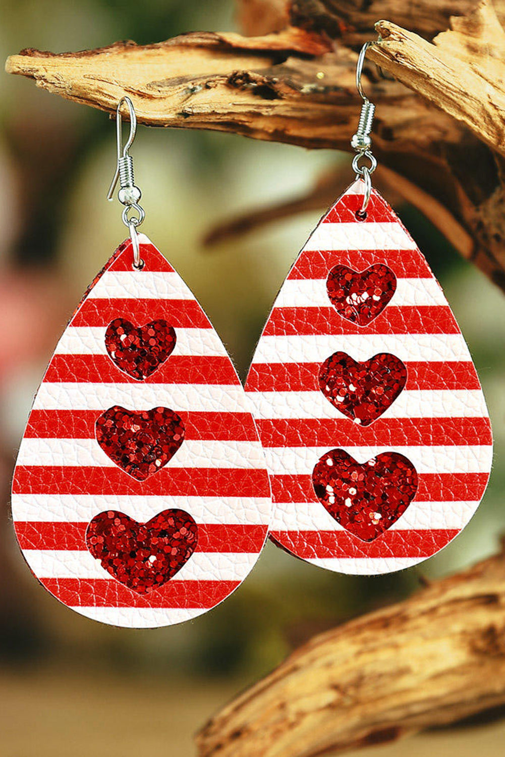 Fiery Red Valentines Heart Print Pu Leather Teardrop Dangle Earrings Jewelry JT's Designer Fashion