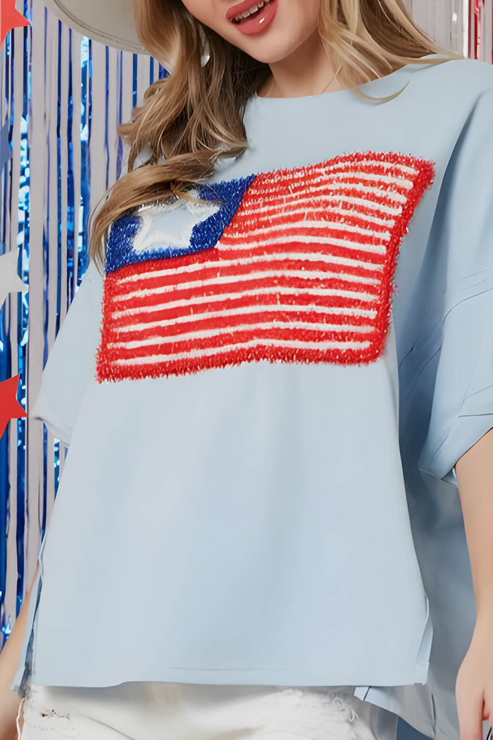 Beau Blue Tinsel American Flag Embroidered Oversize T-shirt Tops & Tees JT's Designer Fashion