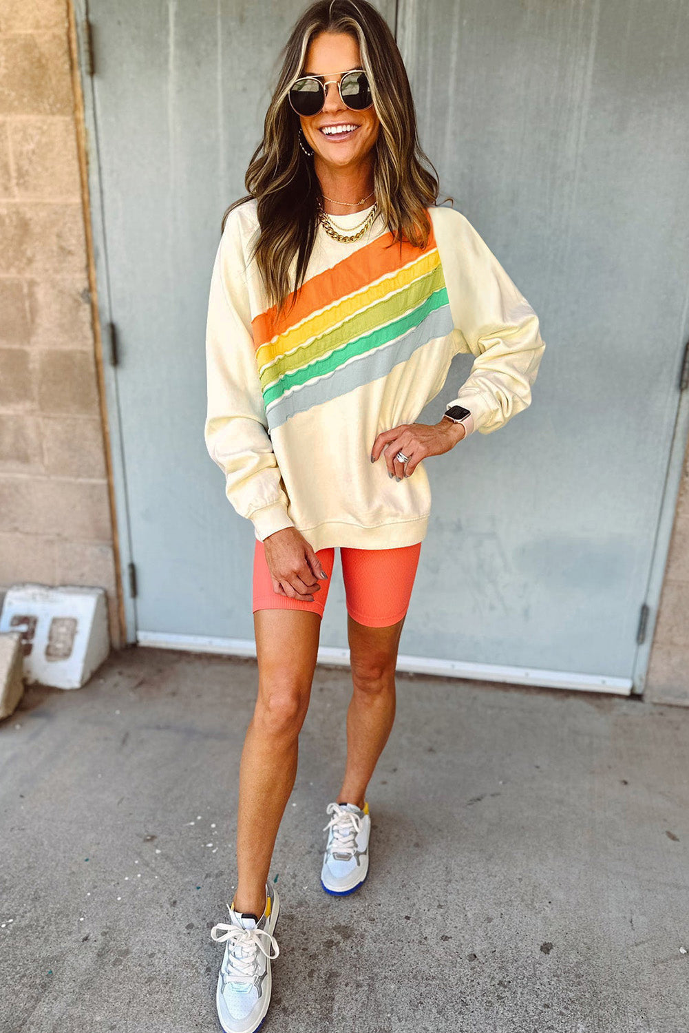 Apricot Rainbow Colorblock Striped Pullover Sweatshirt Sweatshirts & Hoodies JT's Designer Fashion