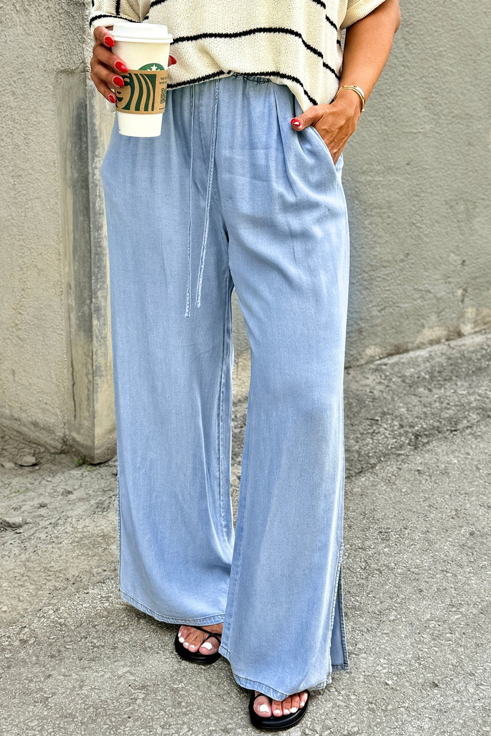 Beau Blue Casual Wide Slit Leg High Waist Loose Plus Size Jeans Beau Blue 100%Cotton Plus Size Bottoms JT's Designer Fashion