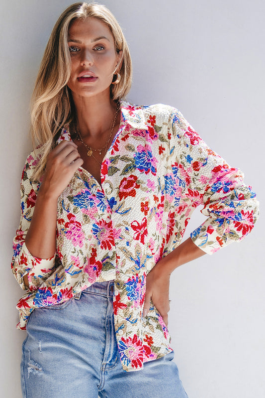 Red Floral Print Slim Fit Buttoned Turn Down Collar Shirt Blouses & Shirts JT's Designer Fashion