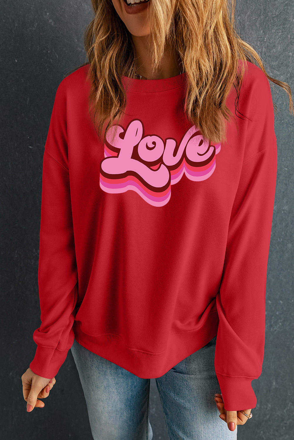 Red Love Printed Crewneck Valentines Pullover Sweatshirt Graphic Sweatshirts JT's Designer Fashion