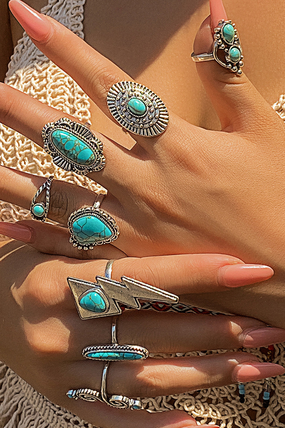 Silvery 8pcs Turquoise Inlay Western Ring Set Jewelry JT's Designer Fashion