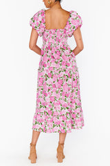 Pink Dainty Floral Smocked Puff Sleeve Flowy Long Dress Maxi Dresses JT's Designer Fashion