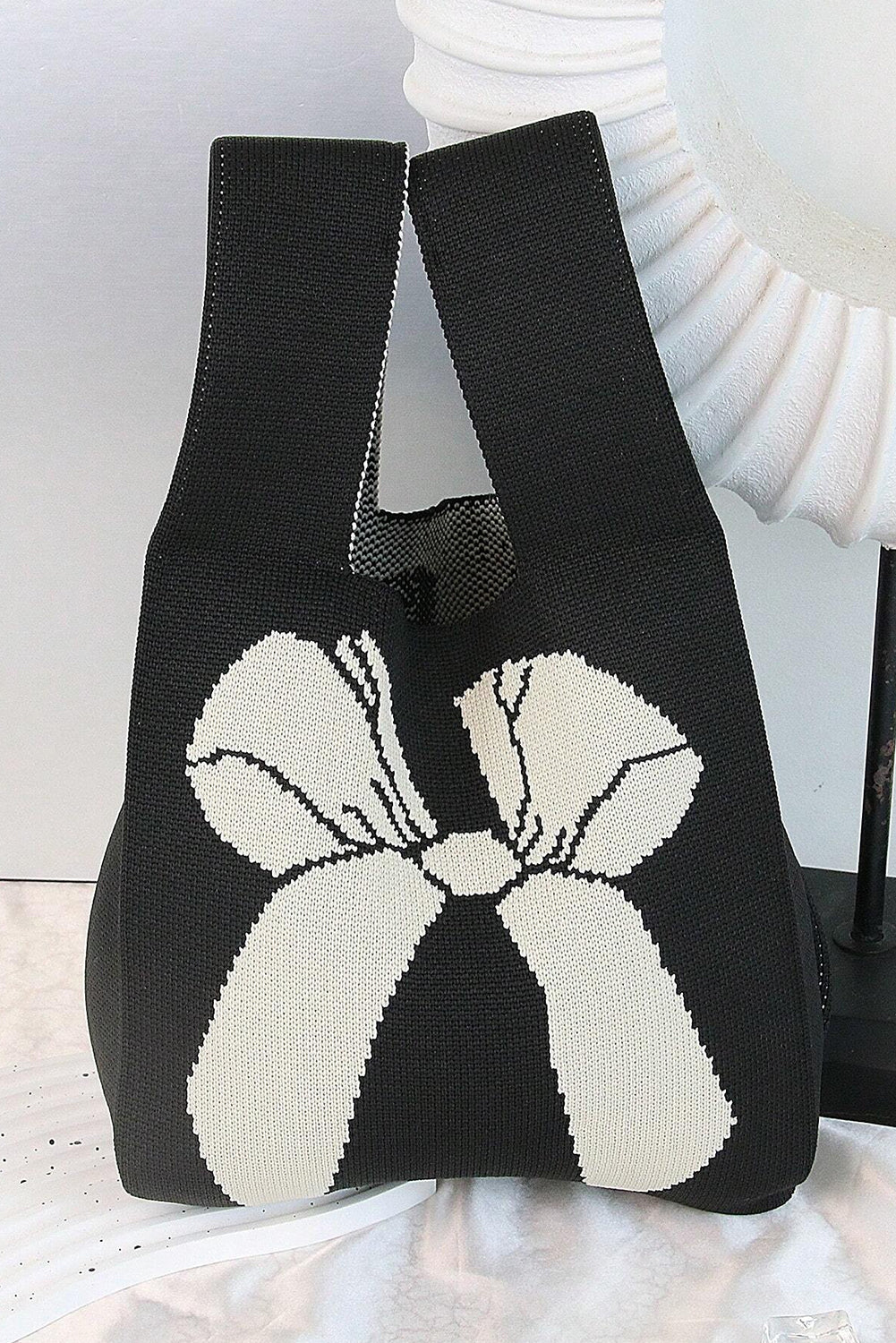 Black Colorblock Bowknot Pattern Knitted Hand Bag Handbags JT's Designer Fashion