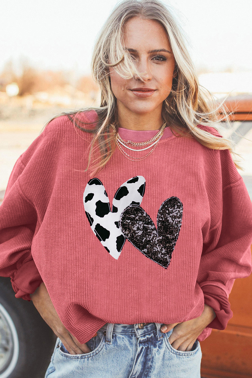 Strawberry Pink Leopard Sequin Heart Graphic Corded Sweatshirt Graphic Sweatshirts JT's Designer Fashion