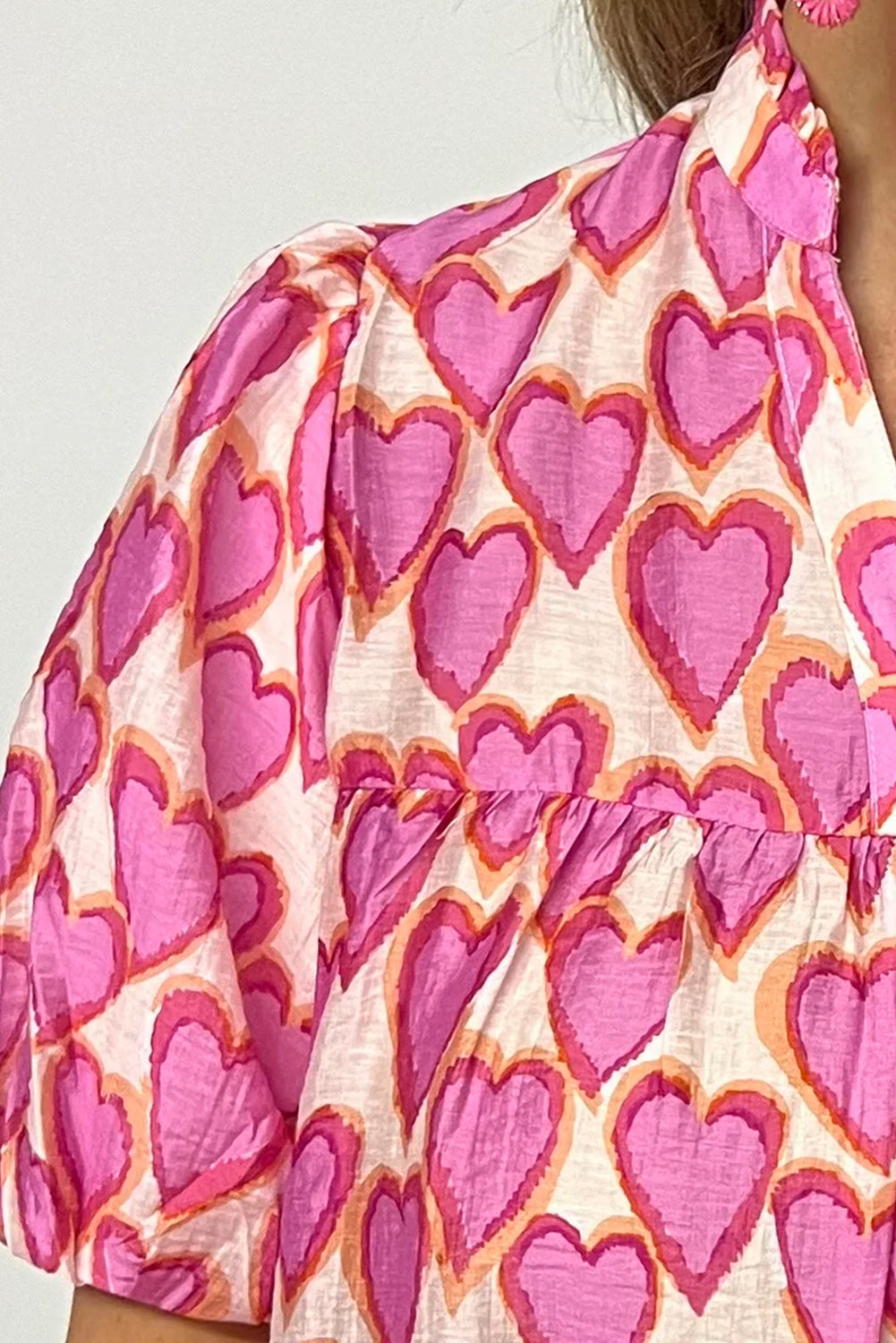 Pink Allover Heart Printed Split Neck Puff Sleeve Blouse Pre Order Tops JT's Designer Fashion