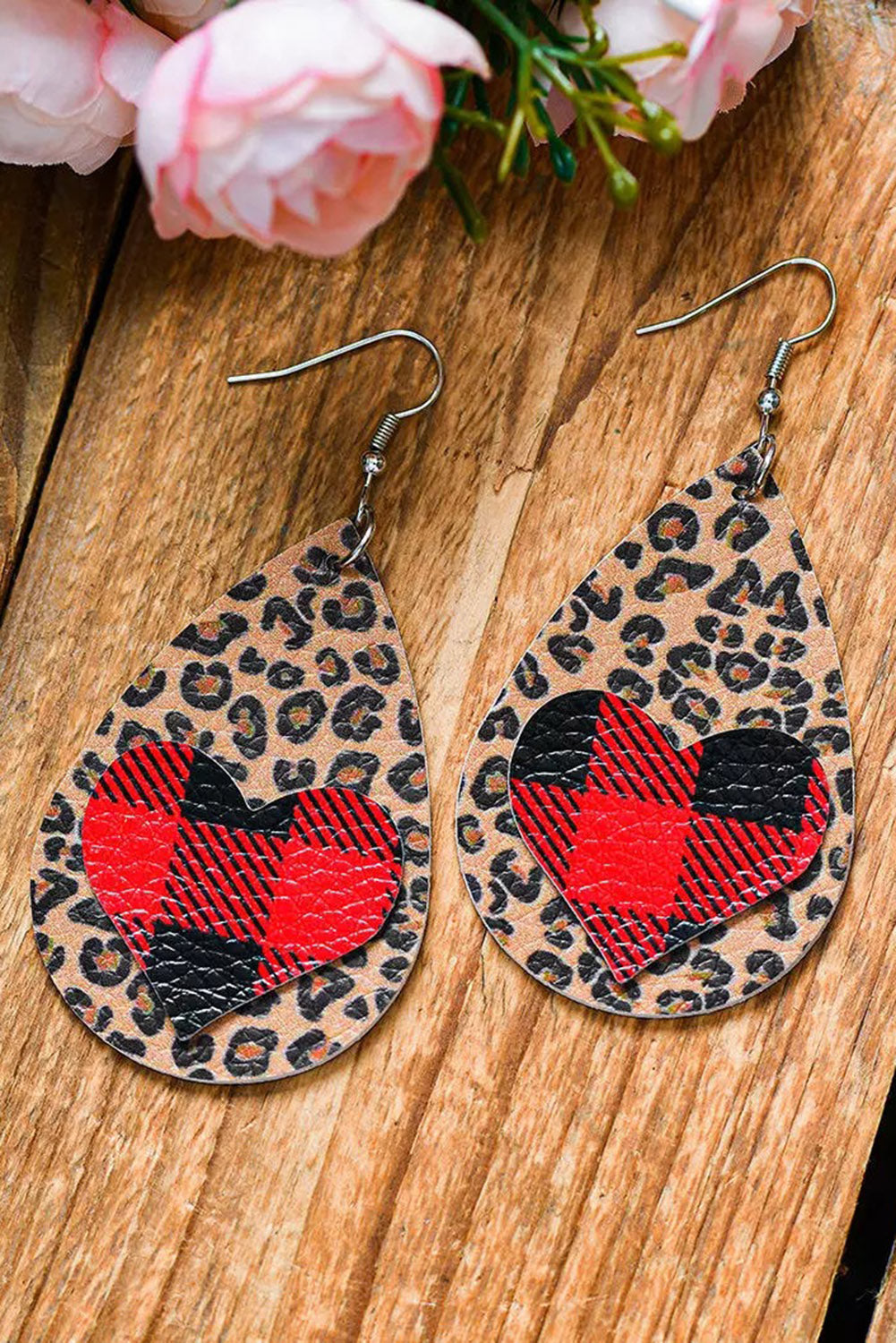 Leopard Plaid Heart Drop Earrings Jewelry JT's Designer Fashion