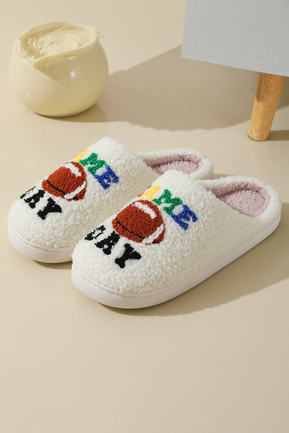 White GAME DAY Rugby Football Plush Slippers Slippers JT's Designer Fashion